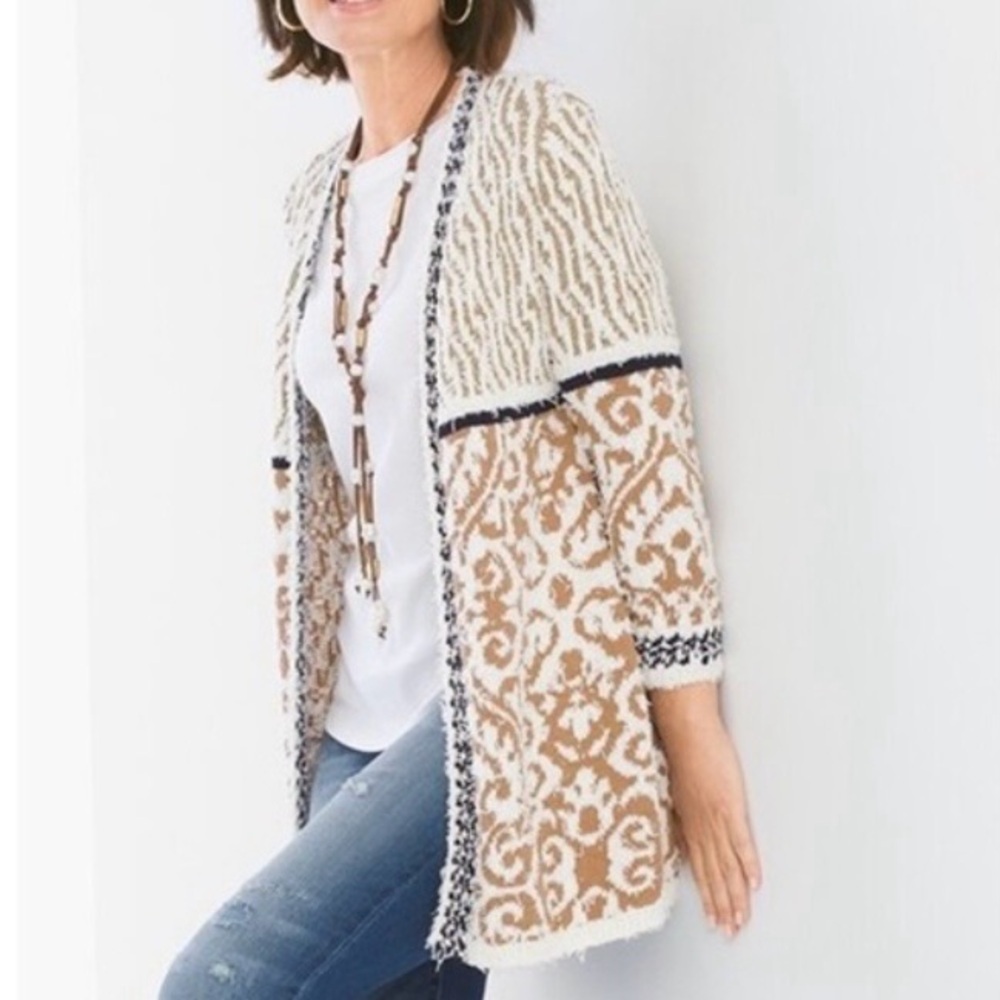 Chico's Beige and White Cardigan Sweater